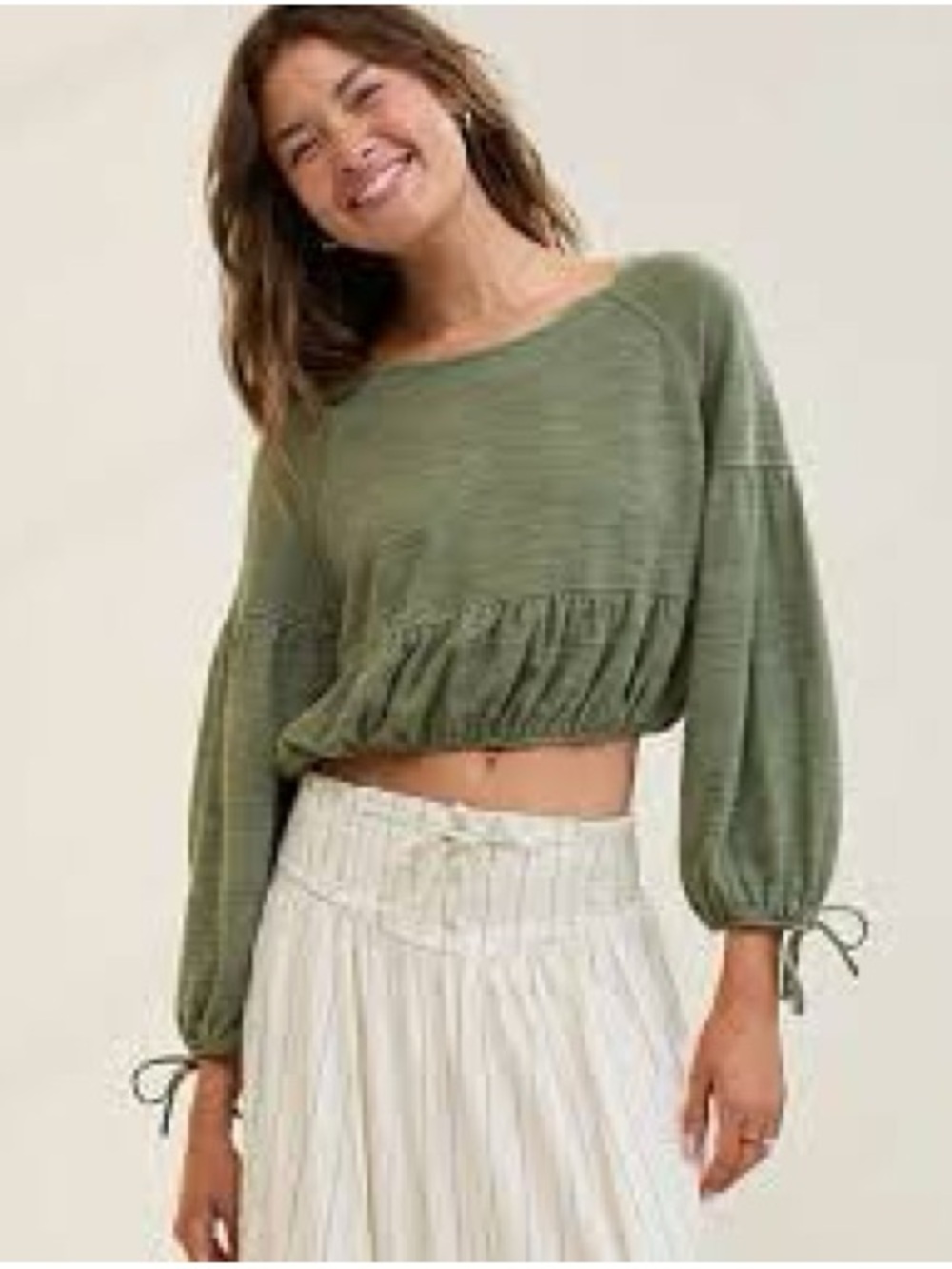 aerie Endless Summer Sage Peplum Cropped Sweatshirt Lantern Sleeve Tie Cuff Cozy - Picture 1 of 9